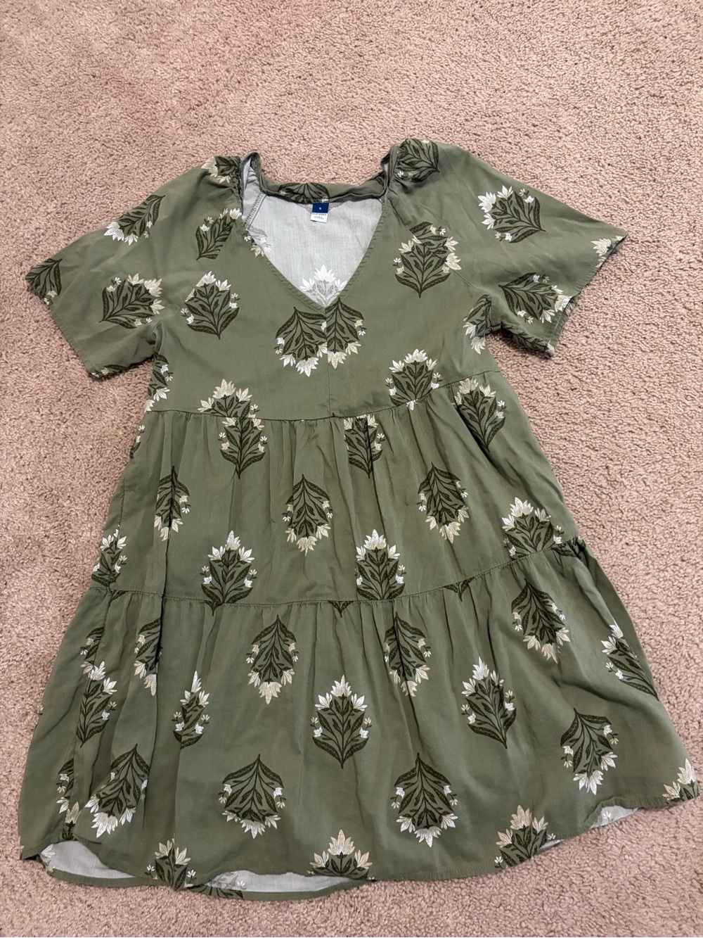 Old Navy Olive Green Floral Tiered V-Neck Mini Dress